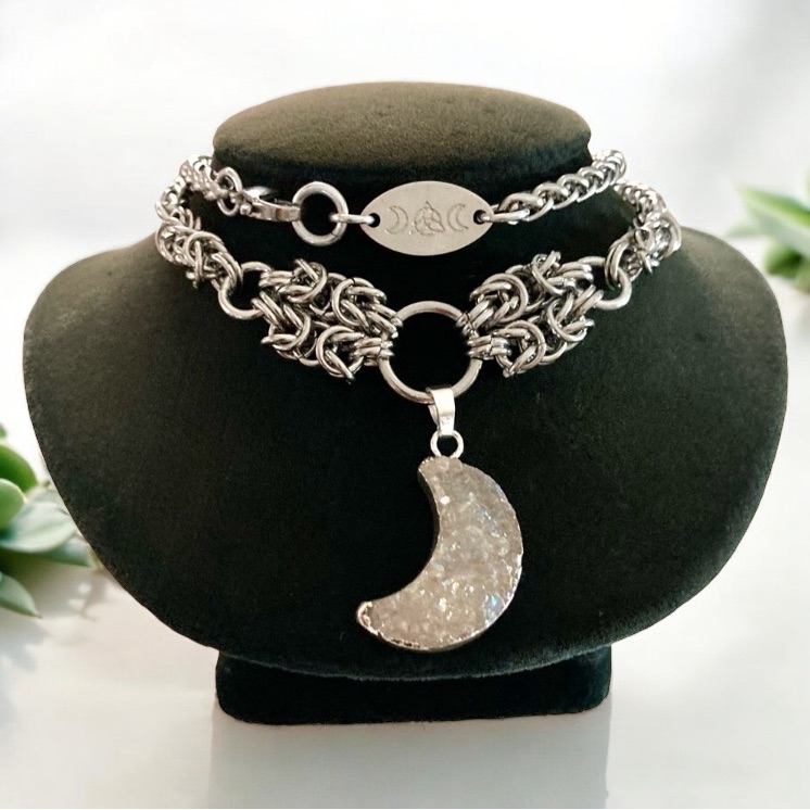 Handmade Maille Gemstone White Druzy Quartz Crystal Crescent Moon Boho Necklace